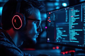 Gamer focused on coding home office digital art nighttime close-up