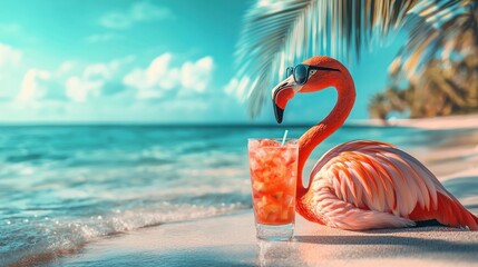 A relaxed flamingo enjoying a cold drink at the beach on vacation