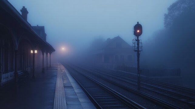 A foggy train station at dawn, with the sound of a distant whistle echoing through the empty tracks 