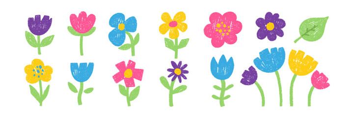 Set of doodle flowers with crayon, chalk or pastel texture. Cute elements for kids, spring or summer design. Doodle vector illustration.