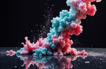 Paint Ink drop in water. Motion color explosion smoke, colour fluid splash vapor cloud on glitter dust texture black abstract art background