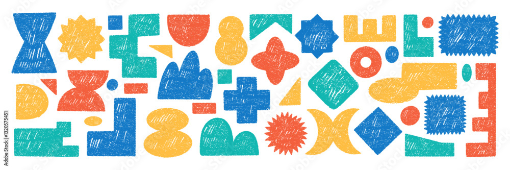 Poster set of y2k elements with abstract geometric shapes. rectangle, circle and heart with crayon, chalk o