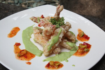 fried prawn with garnish and plating