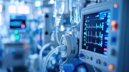 Medical equipment displays vital signs and measures critical life functions