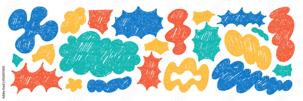Poster set of playful elements with abstract liquid shapes. speech bubbles, cloud and flower with crayon, c