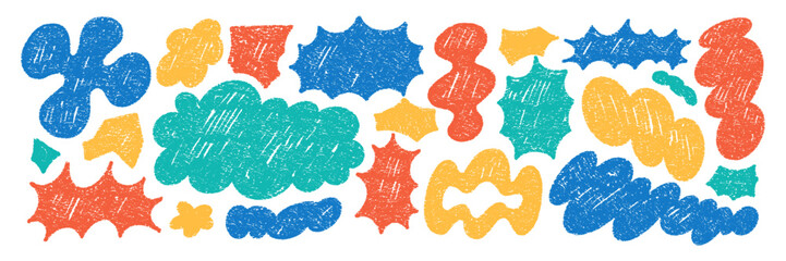 Set of playful elements with abstract liquid shapes. Speech bubbles, cloud and flower with crayon, chalk or pastel texture. Hand drawn color vector illustration on a white background.