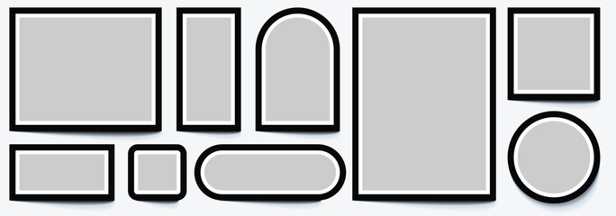 Set realistic photo card frame mockup. Black photo frame on wall. Blank pictures poster with shadow for presentations. Wall picture frame vector. Empty picture frame isolated on white background.