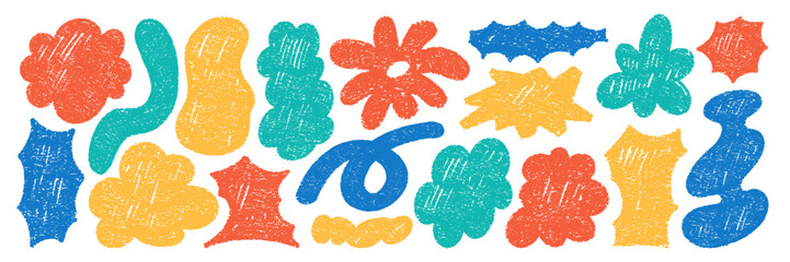 Set of playful elements with crayon, chalk or pastel texture. Speech bubbles, cloud and flower for kids design. Hand drawn color vector illustration on a white background.