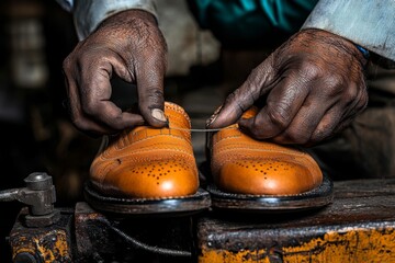 A skilled artisan carefully laces a pair of handcrafted leather shoes