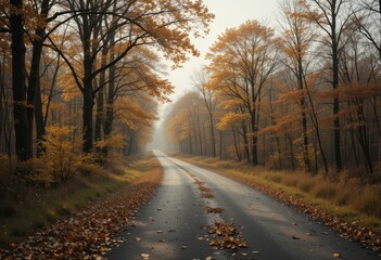 Tranquil Autumn Road Surrounded by Colorful Trees and Fog