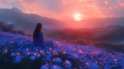 Obraz premium Blooming blue flowers fill lush field, dreamy, romantic atmosphere, soft pastel colors, serene beauty.