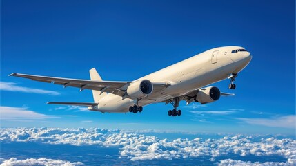 Obraz premium A large white commercial airplane ascending through a bright blue sky