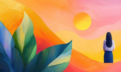 Sunset serenity woman gazing over colorful landscape nature scene