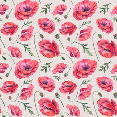 Red poppies on a beige background. Seamless pattern of wildflowers. Hand-painted watercolor botanical illustration. Bouquet of flowers for decorating invitations, booklets, postcards, fabric