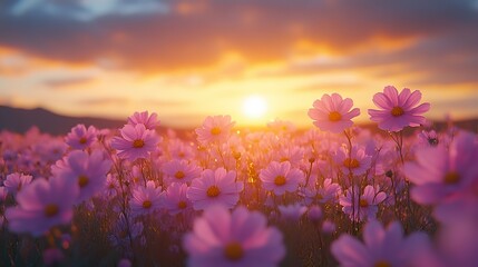 Fototapeta premium Blooming purple cosmos fill field under vibrant sunset picturesque, serene natural landscape at golden hour.