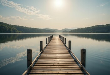Fototapeta premium Tranquil Lake View with Wooden Dock Extended into Still Waters