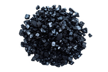 Black coal pile placed on white or transparent background, top view