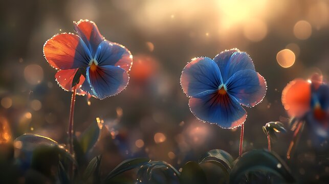 Delicate blue and red pansies with soft glowing backlight and a dreamy bokeh effect in a vibrant garden scene

