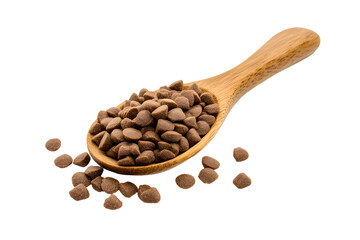 Obraz premium Cat food with wooden spoon on white or transparent background