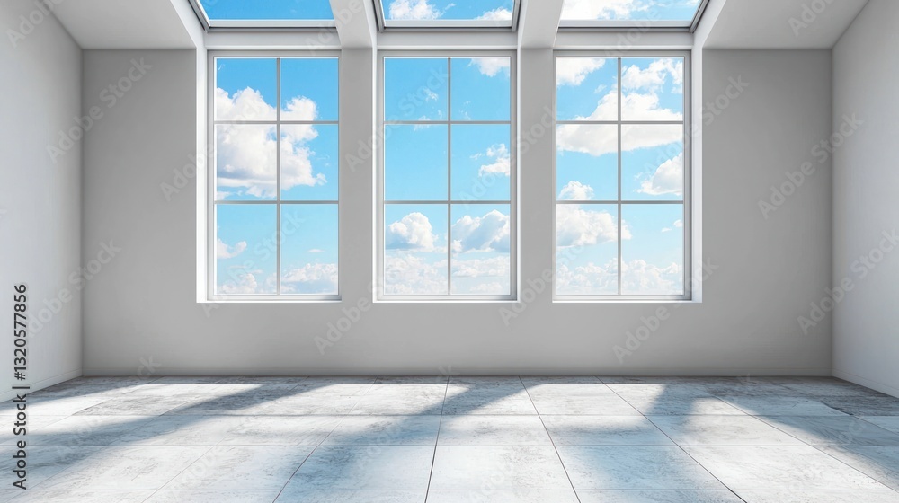 Poster an empty interior room displaying several large windows and skylights