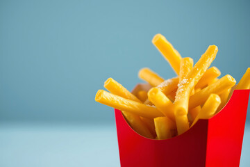 Large order of golden, crispy French fries stock-image in a red carton, showcasing the perfect balance of crispy exterior and soft interior, making it the ultimate comfort snack or side dish.
