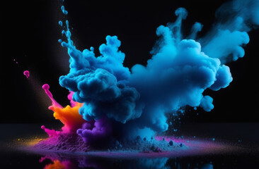 Paint Ink drop in water. Motion color explosion smoke, colour fluid splash vapor cloud on glitter dust texture black abstract art background