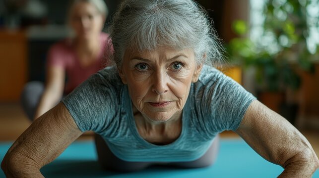 In the warmth of their home, an elderly couple finds solace and strength in gentle core exercises On a soft yoga mat, they move with grace, guided by stability and mutual support Each stretch, each