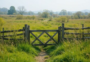 Fototapeta premium Wooden Gate Overlooking Expansive Green Fields and Distant Hills