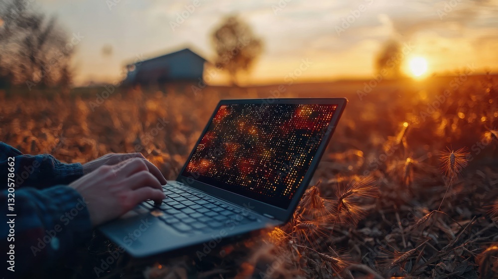 Poster a person using a laptop computer in a field at sunset