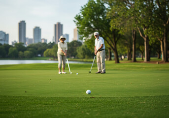 Una pareja de ancianos que disfrutan jugando al golf en un parque en el centro de la ciudad.El Park Golf.