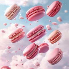Floating macarons against a dreamy sky Light pink pastel shades and a sweet whimsical mood for confectionery lovers