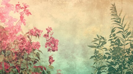 Vintage Pink Flowers Green Leaves Textured Background Pastel Mood