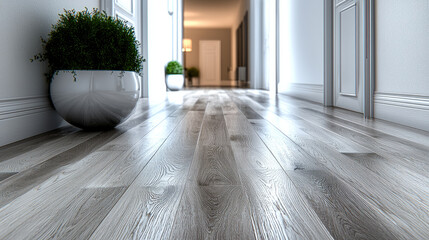 Modern hallway with wooden floor and potted plants creating serene atmosphere