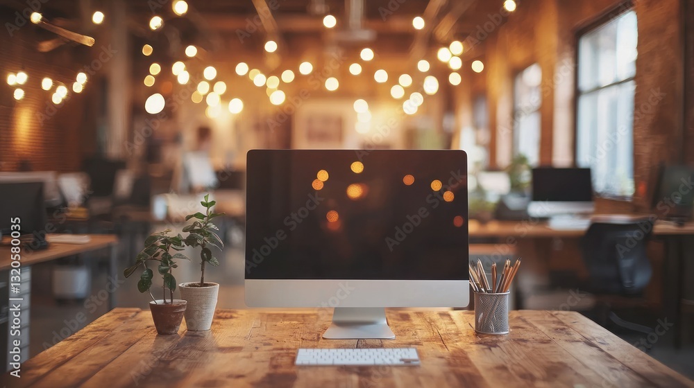 Poster an office workspace with a computer and decorative string lights above