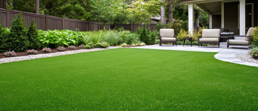 Backyard artificial turf with patio furniture