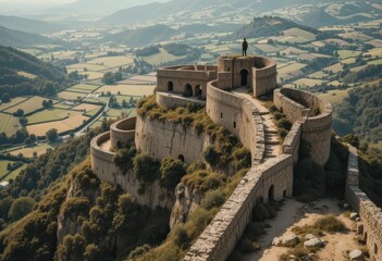 Obraz premium Scenic View from Ancient Castle Ruins on Hilltop Overlooking Landscape