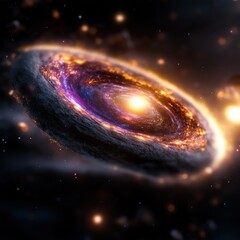 Obraz premium Swirling spiral galaxy illuminated by radiant blue and purple hues in deep space surrounded by shimmering stars