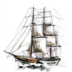 Obraz premium Sailing ship at sea, full sails, ocean background, nautical art