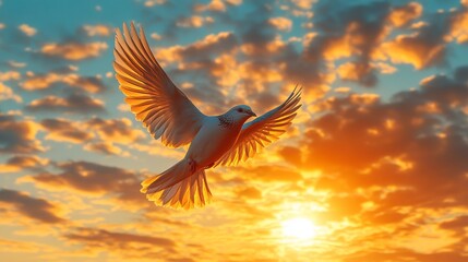 Naklejka premium Silhouette of a Bird in a Colorful Sky Full of Clouds at Sunset