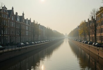 Fototapeta premium Tranquil Morning Scene of Calm Canal Surrounded by Historic Buildings