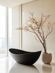 A modern interior featuring a sleek black bathtub beside a minimalist vase with a bare tree, set against a light-toned wall and large windows.