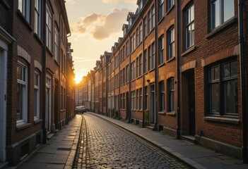 Fototapeta premium Serene Sunset Over Cobblestone Street in Historic Urban Neighborhood