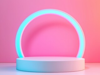 A minimalistic stage setup featuring a glowing circular arch on a pastel pink background, ideal for presentations or artistic displays.
