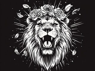Obraz premium Roaring lion, rose crown, dark background, graphic art, t-shirt design