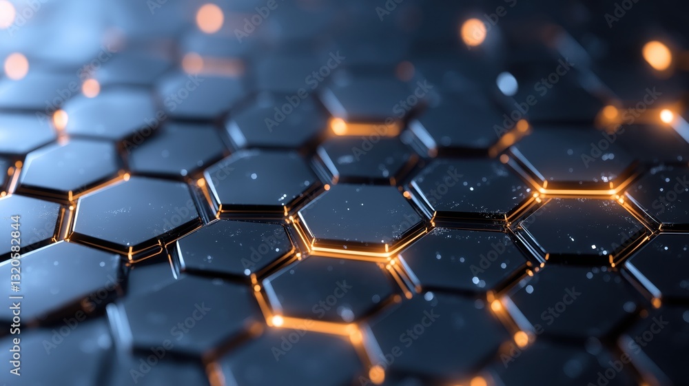 Poster abstract sci-fi holographic pattern with glowing blue hexagons in a futuristic environment
