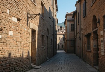 Fototapeta premium Charming Narrow Street in Historic Italian Town with Brick Walls