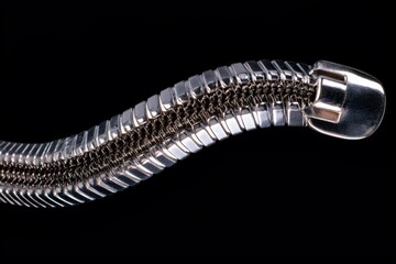 Close-up of a metallic zipper showcasing its intricate design and texture