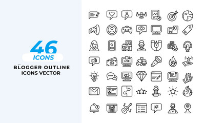 Blogger Outline Icons Set Layout Vector Template. Vector illustration in line style of icons	
