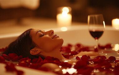 A woman lies in the bathtub, which is filled with pink rose petals and candle.