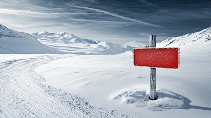 A snow-covered landscape features a red signpost against a backdrop of mountains and a clear sky, indicating a remote and tranquil environment.